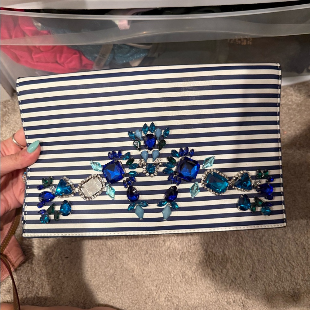 Striped Clutch with Blue Gem Accents